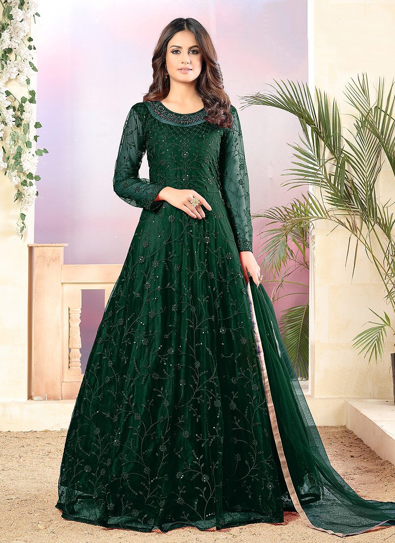 Net Dark Green A Line Embroidered Anarkali Suit - Main Image
