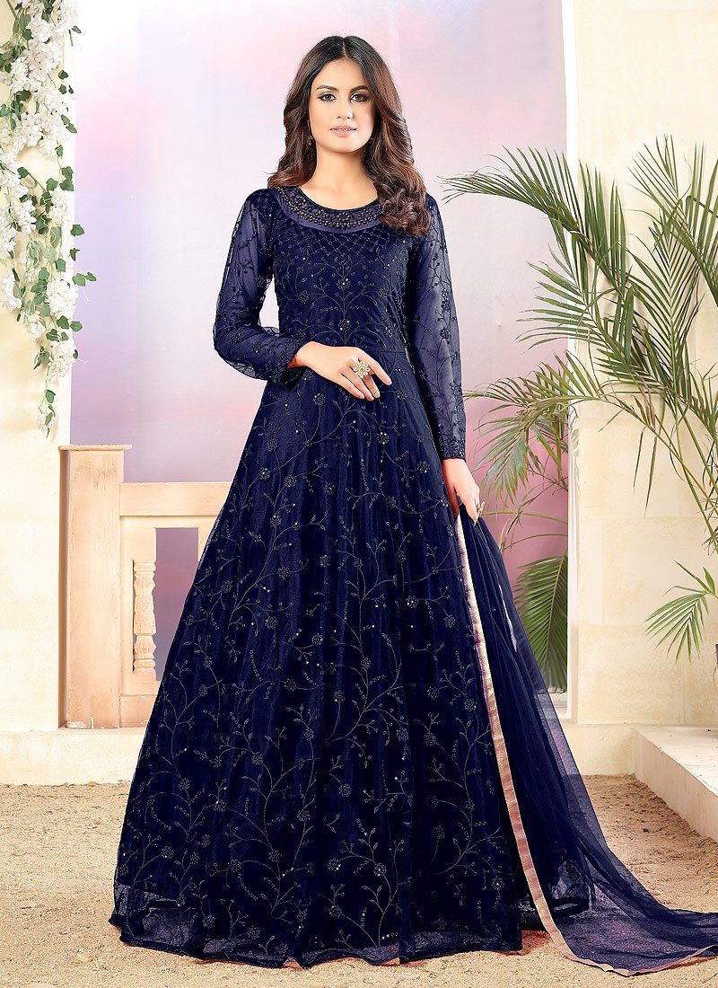 Net Navy Blue A Line Embroidered Anarkali Suit Net Navy Blue A Line Embroidered Anarkali Suit