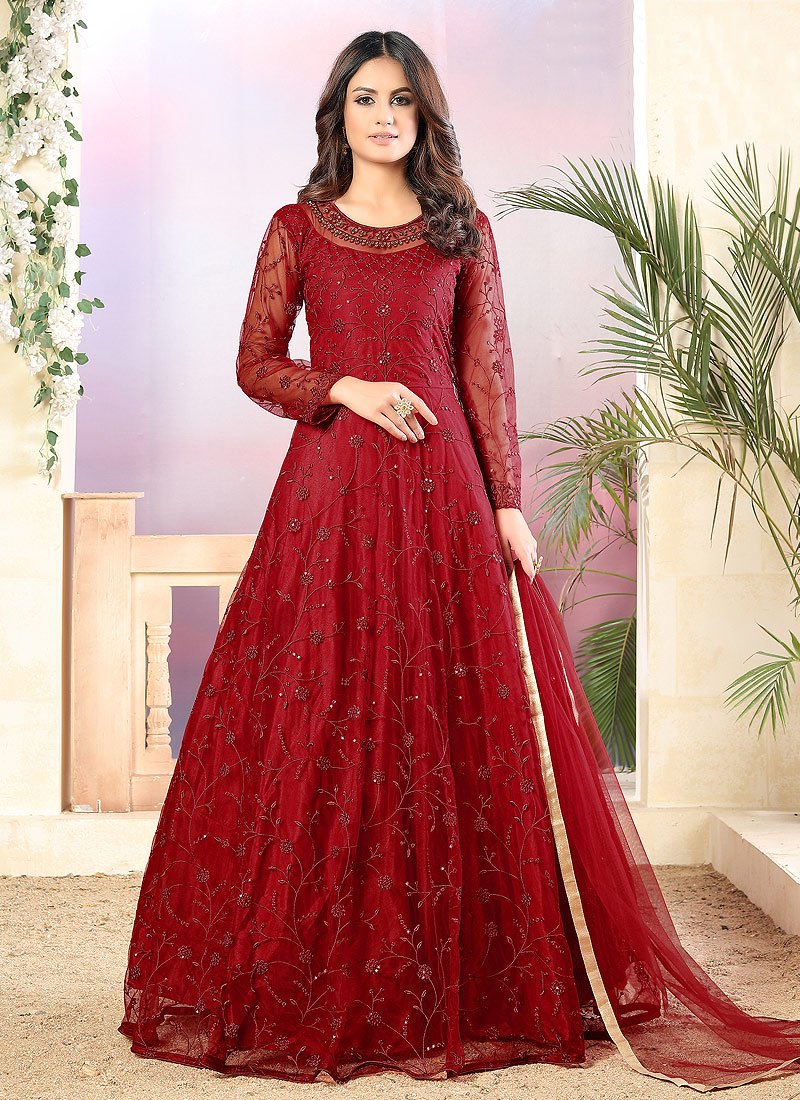 Buy Net Cherry Red Anarkali A Line Embroidered Anarkali Suit