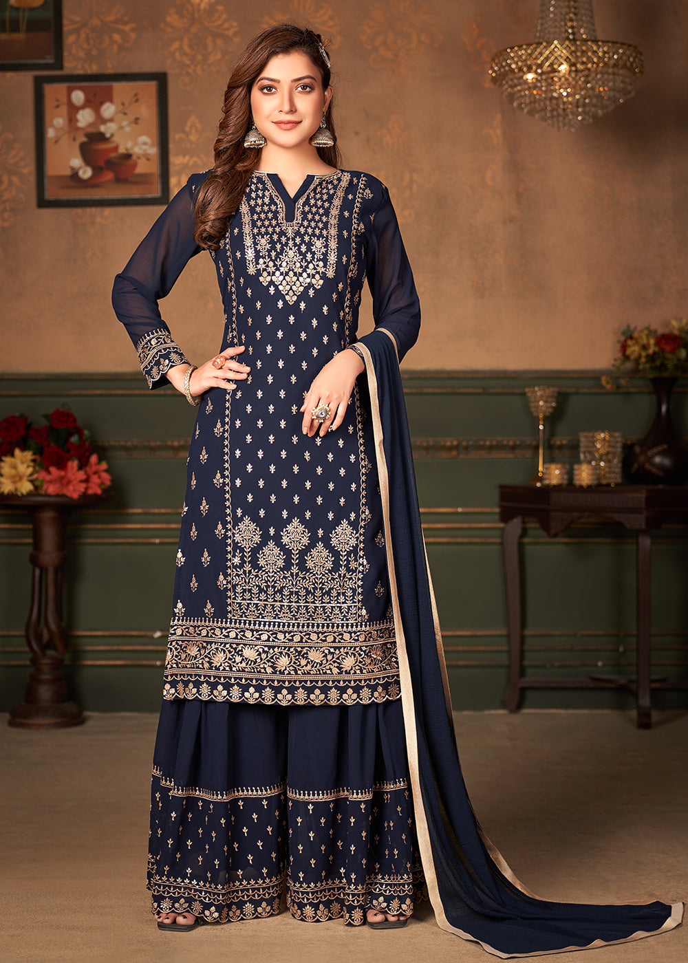 Navy Blue Pakistani Sharara Style Georgette Embroidered Suit Navy Blue Pakistani Sharara Style Georgette Embroidered Suit