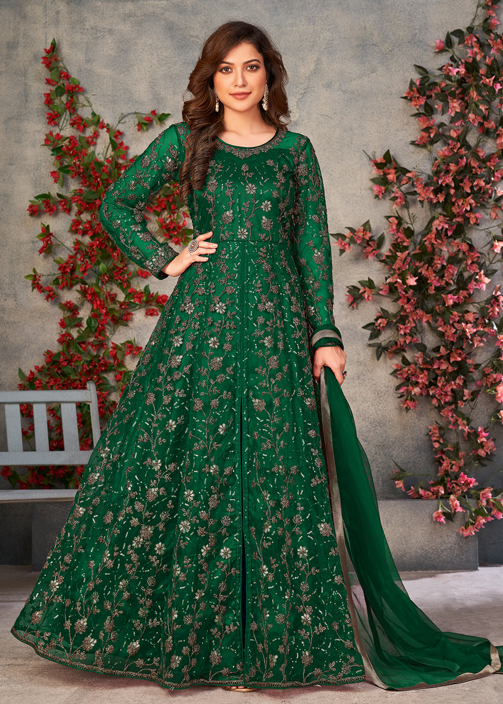 Elegant Green Gown Bottle Green Sequined Net Designer Anarkali Suit Elegant Green Gown Bottle Green Sequined Net Designer Anarkali Suit