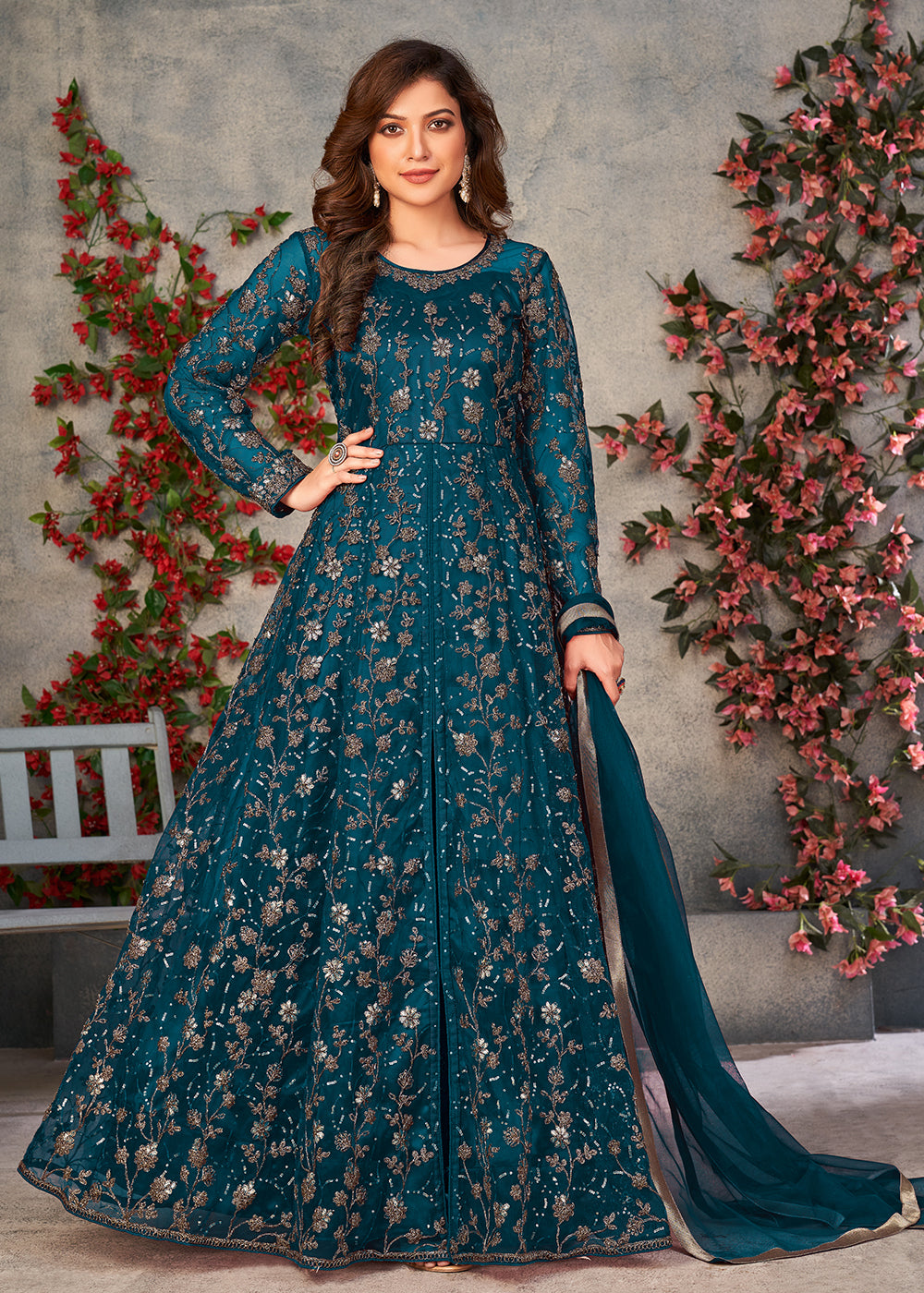 Buy Wedding Function Anarkali Vintage Teal Blue Pant Style