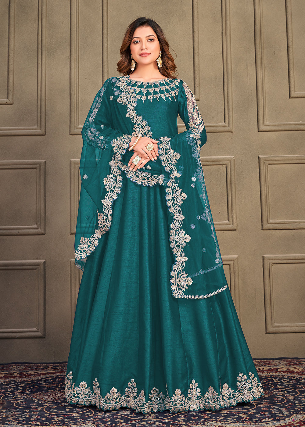 Stylish Teal Green Art Silk Floor Length Anarkali Dress Stylish Teal Green Art Silk Floor Length Anarkali Dress