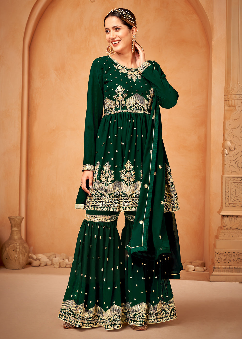 Imperial Dark Green Embroidered Wedding Festive Gharara Suit