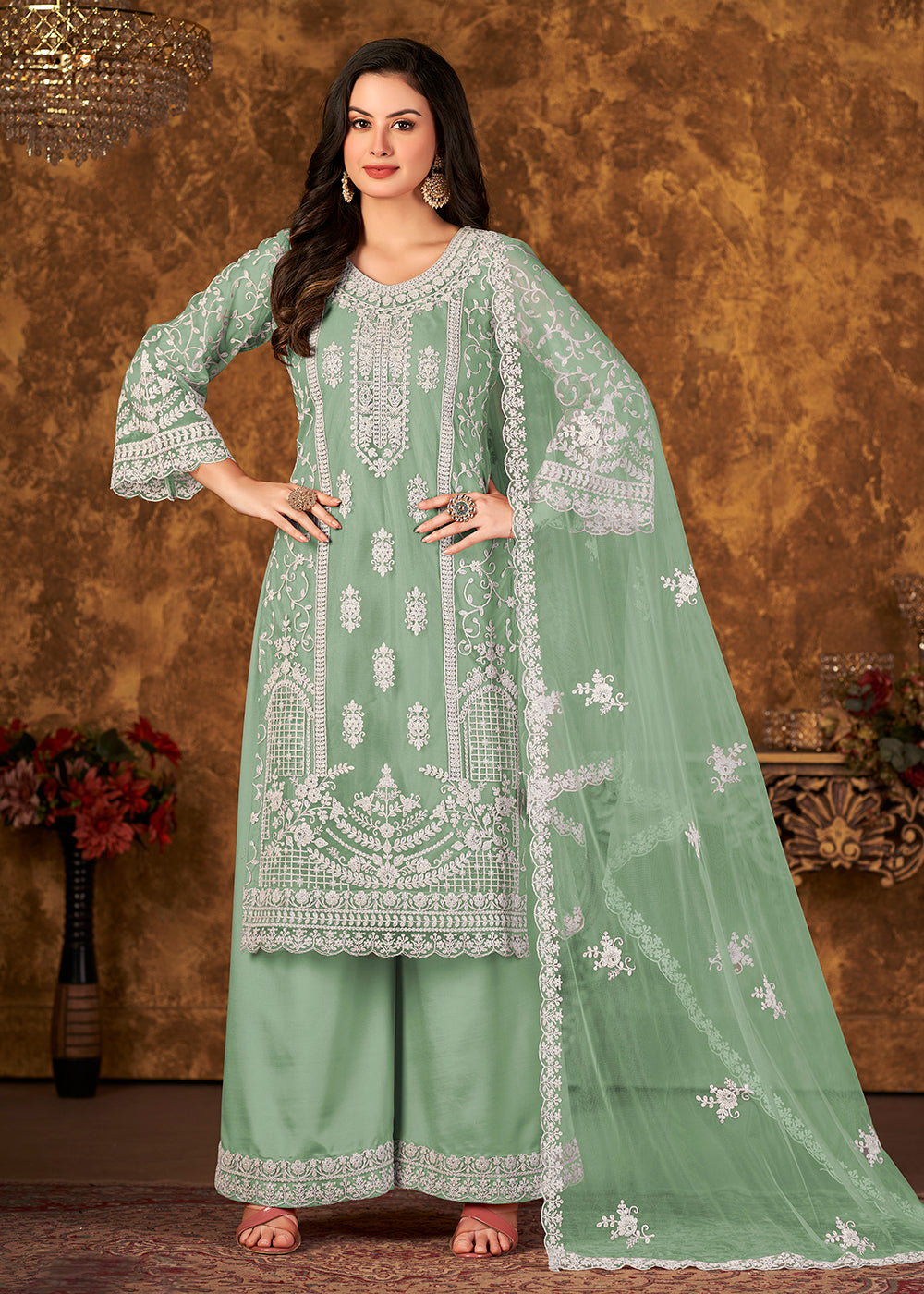Long Kameez And Plazo Design Net Palazzo Suit Net Plazo Design