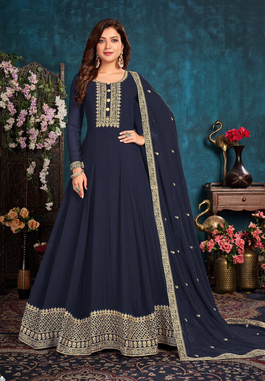 Buy Heavy Thread Embroidered Blue Anarkali
