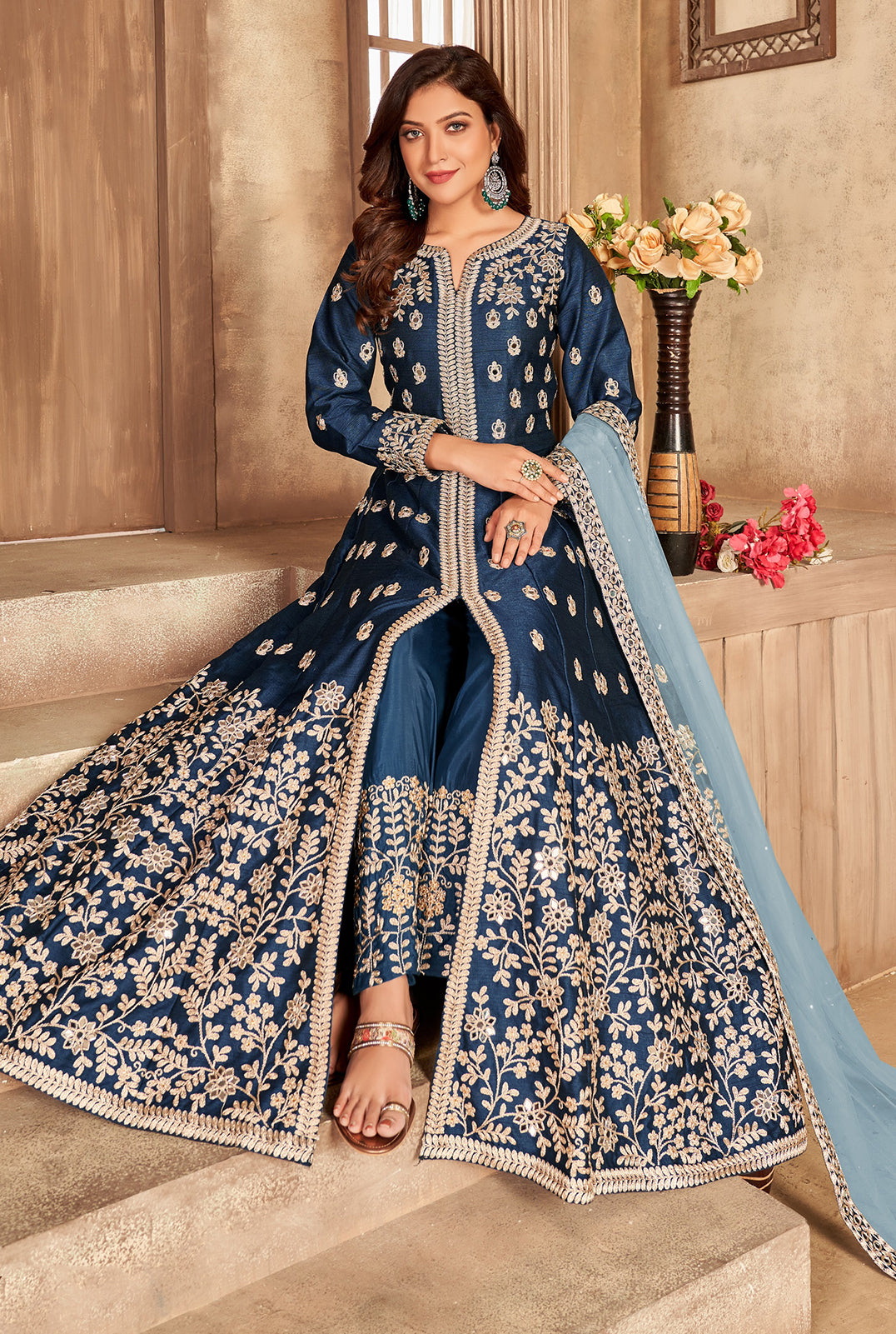 Buy Art Silk Navy Blue Anarkali Front Slit Designer Anarkali
