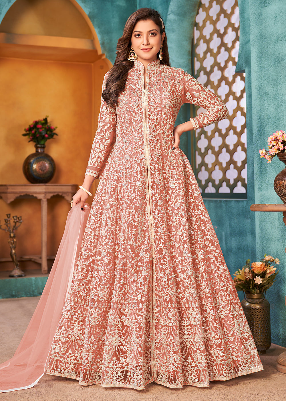 Anarkali Suits One Piece Dress Anarkali Buy Front Slit Peachy Pink