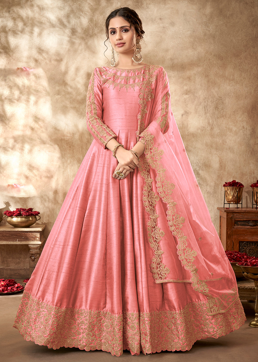 Festive Gown - Tempting Salmon Pink Art Silk Zari Embroidered Anarkali Empress Clothing Festive Gown - Tempting Salmon Pink Art Silk Zari Embroidered Anarkali Empress Clothing