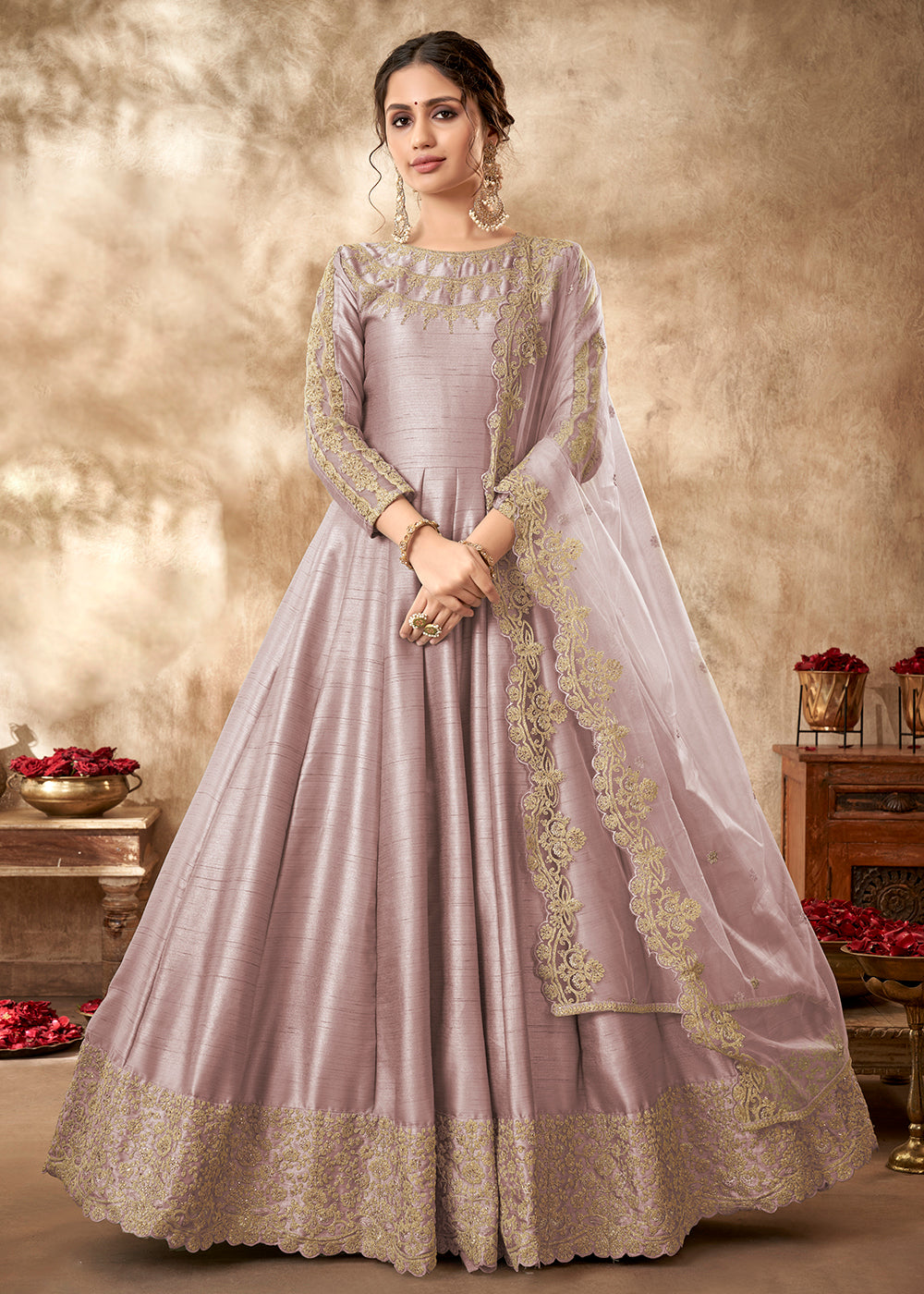 Buy Festive Gown - Pale Mauve Art Silk Zari Embroidered Anarkali Gown –  Empress Clothing
