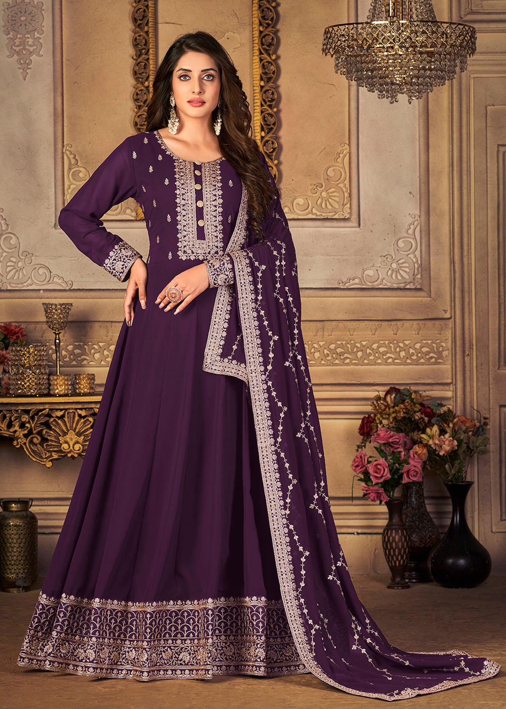dark purple anarkali dress Georgette Plum Purple Embellished Wedding Fest Anarkali Suit