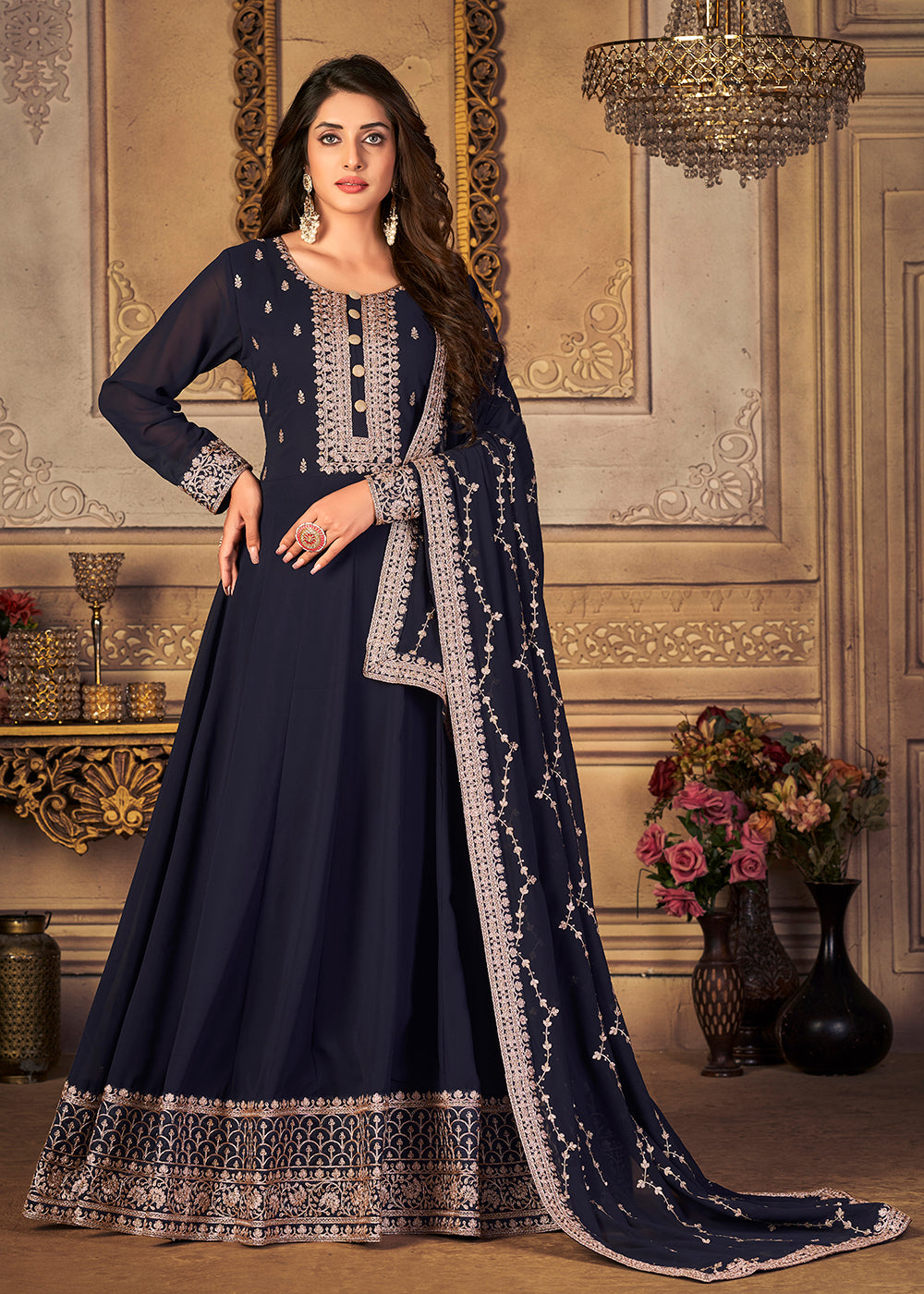 Georgette Navy Blue Embellished Wedding Fest Anarkali Suit Georgette Navy Blue Embellished Wedding Fest Anarkali Suit
