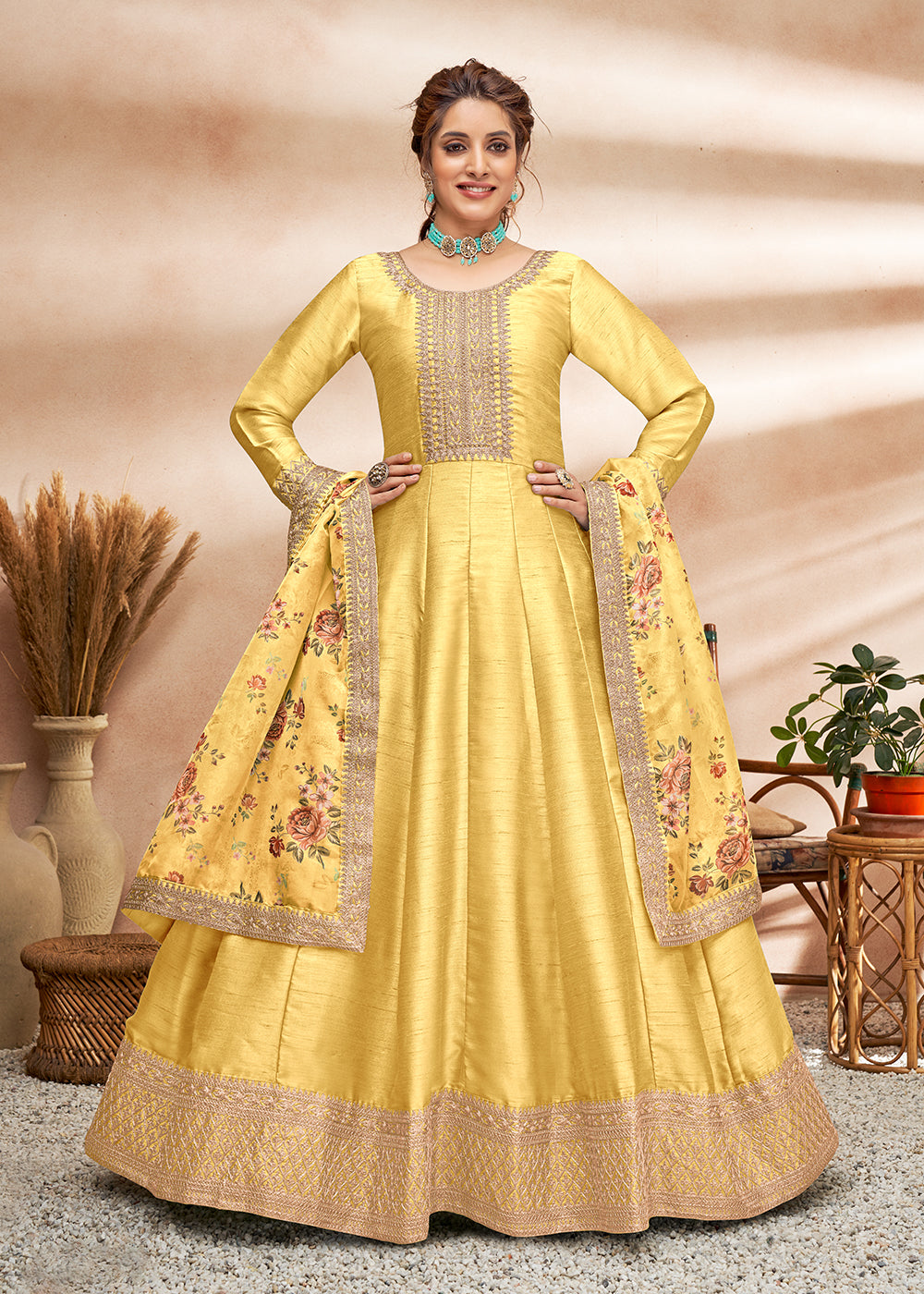 Buy Wedding Party Dress Cute Yellow Art Silk Embellished
