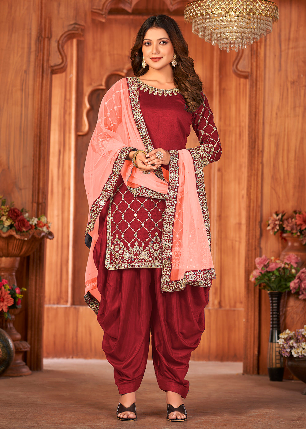 Buy Patiala Salwar Suit Hot Red Glass Work Art Silk Salwar Suit
