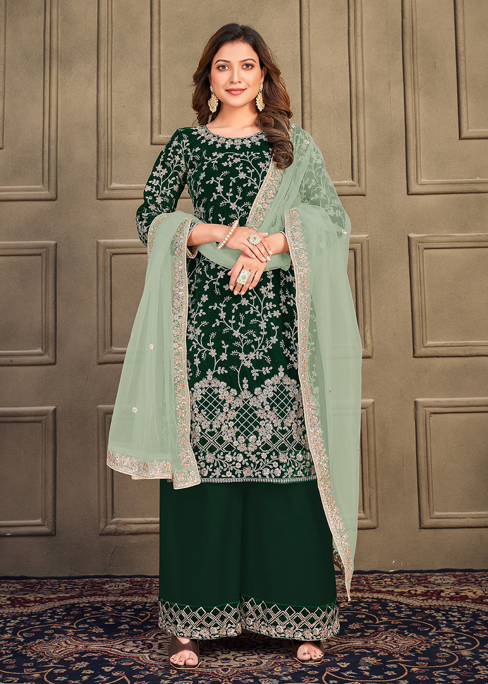 Buy Velvet Palazzo Kurta Set Traditional Party Wear Dark Green