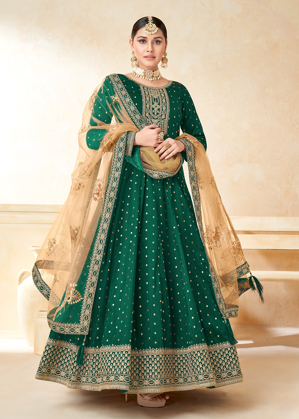 Ethinc Wear Anarkali Dress - Green Silk Embroidered Indian Anarkali Ethinc Wear Anarkali Dress - Green Silk Embroidered Indian Anarkali