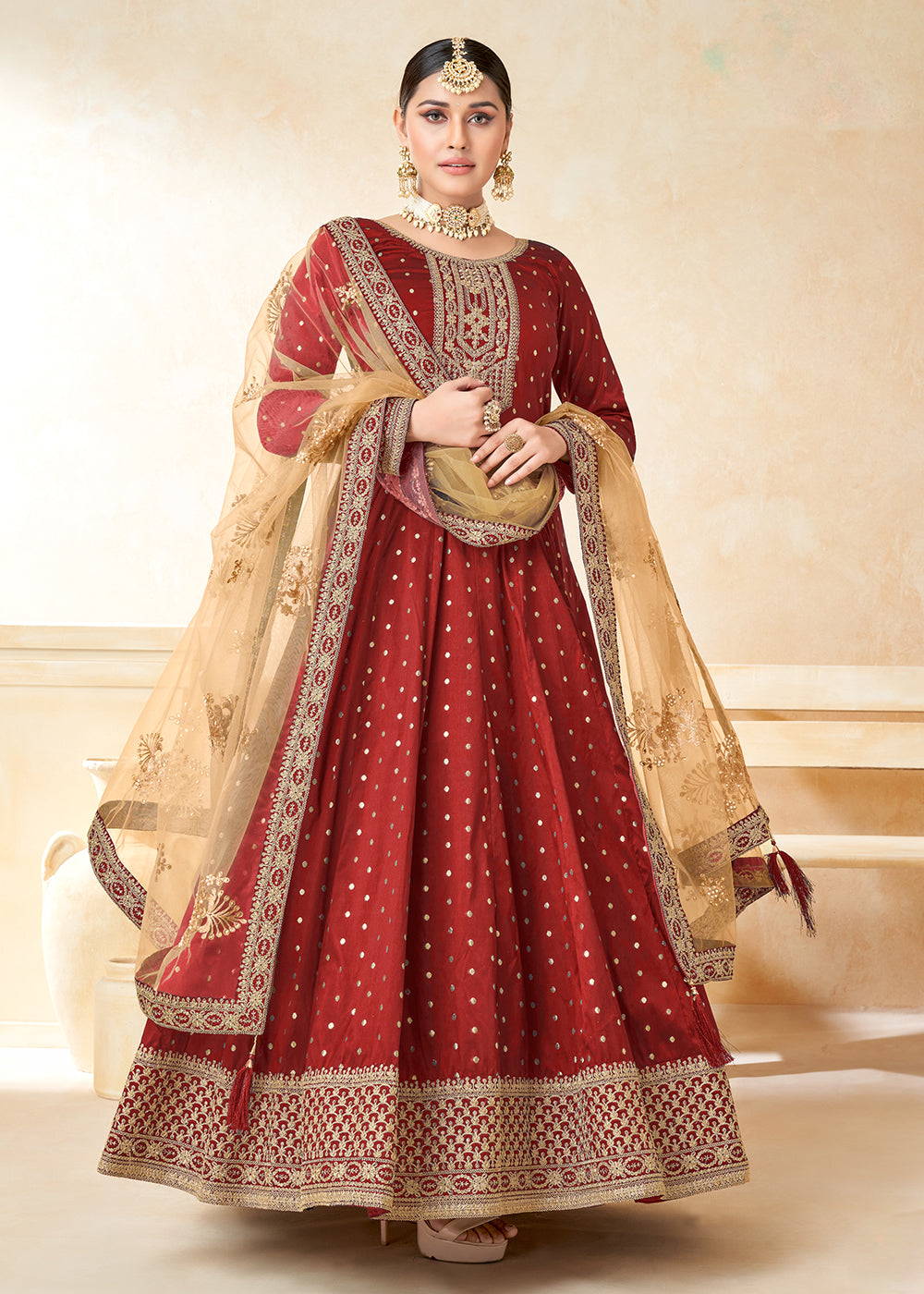 Buy Ethnic Wear Anarkali Dress Red Silk Embroidered Indian