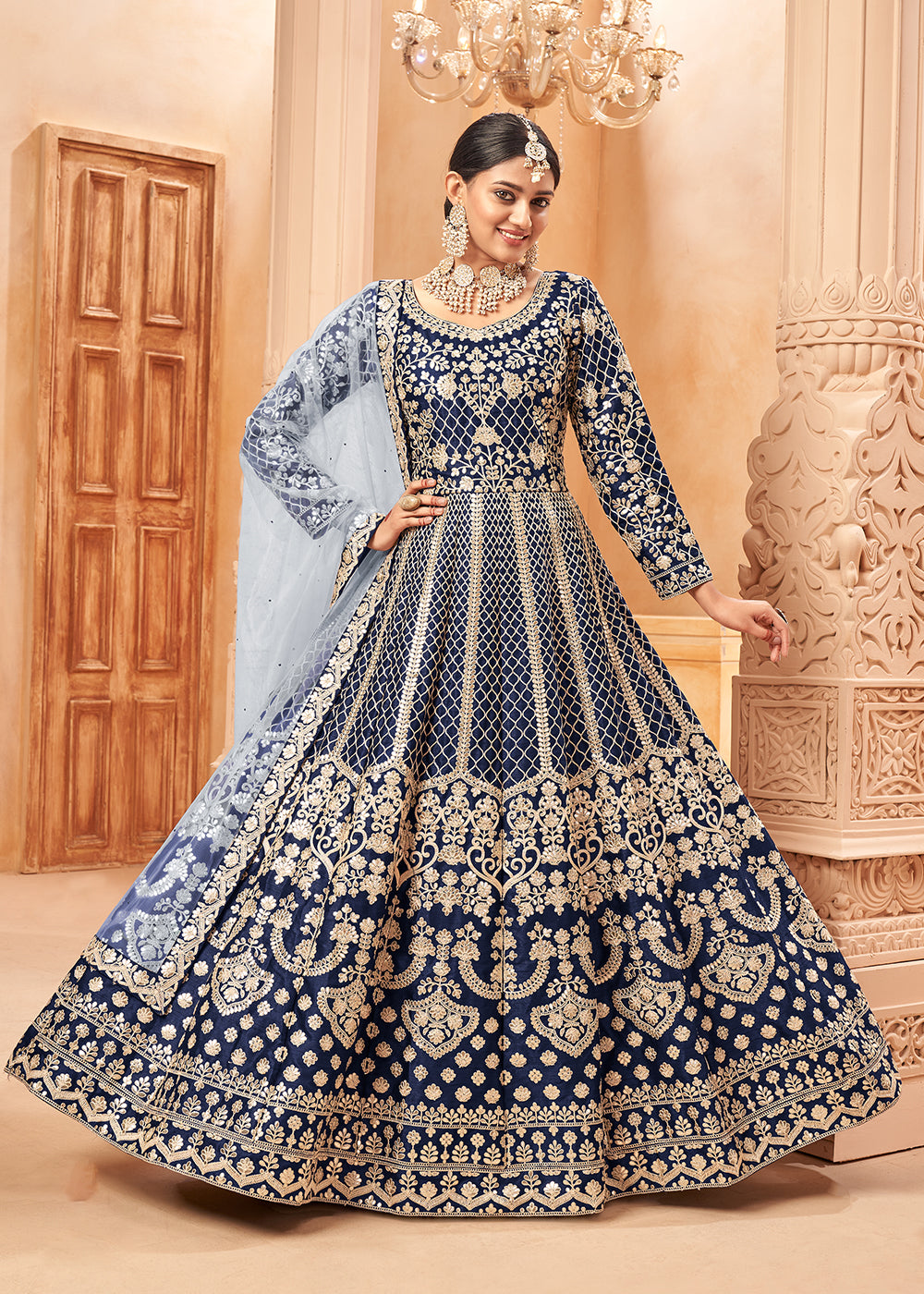 Buy Silk Anarkali Suit - Navy Blue & Gold Embroidered Anarkali Suit Buy Silk Anarkali Suit - Navy Blue & Gold Embroidered Anarkali Suit