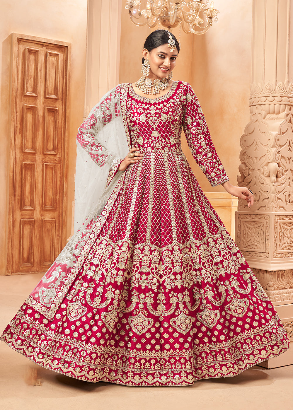 Buy Silk Anarkali Suit Hot Pink Gold Embroidered Anarkali Suit