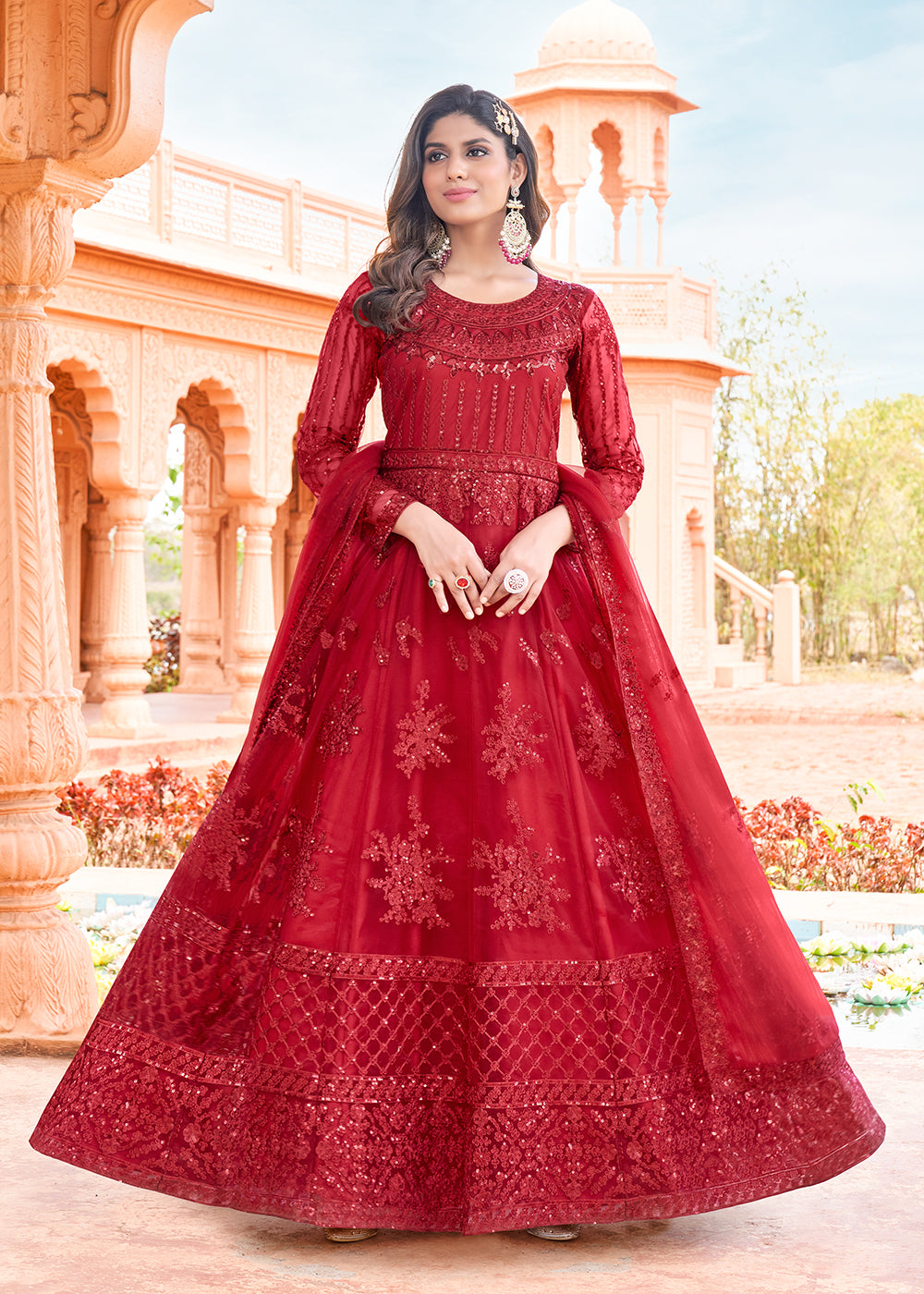 Embroidery Red Net Long Dress Women Red Floral Embroidered Net