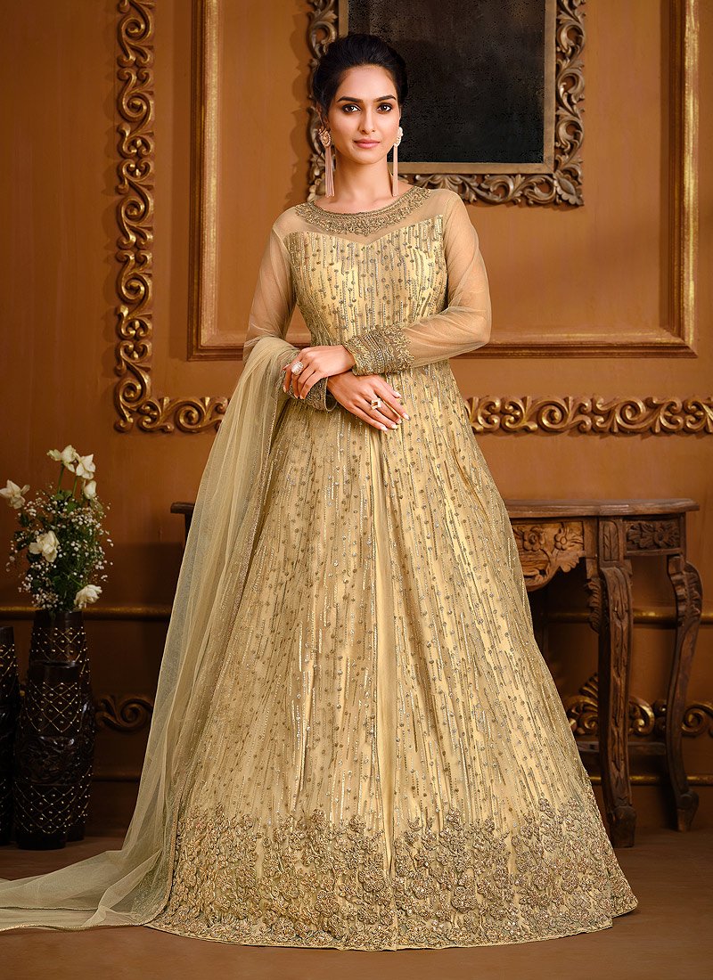 Slit Style Light Gold Net Embellished Anarkali Pant/Lehenga Suit Slit Style Light Gold Net Embellished Anarkali Pant/Lehenga Suit