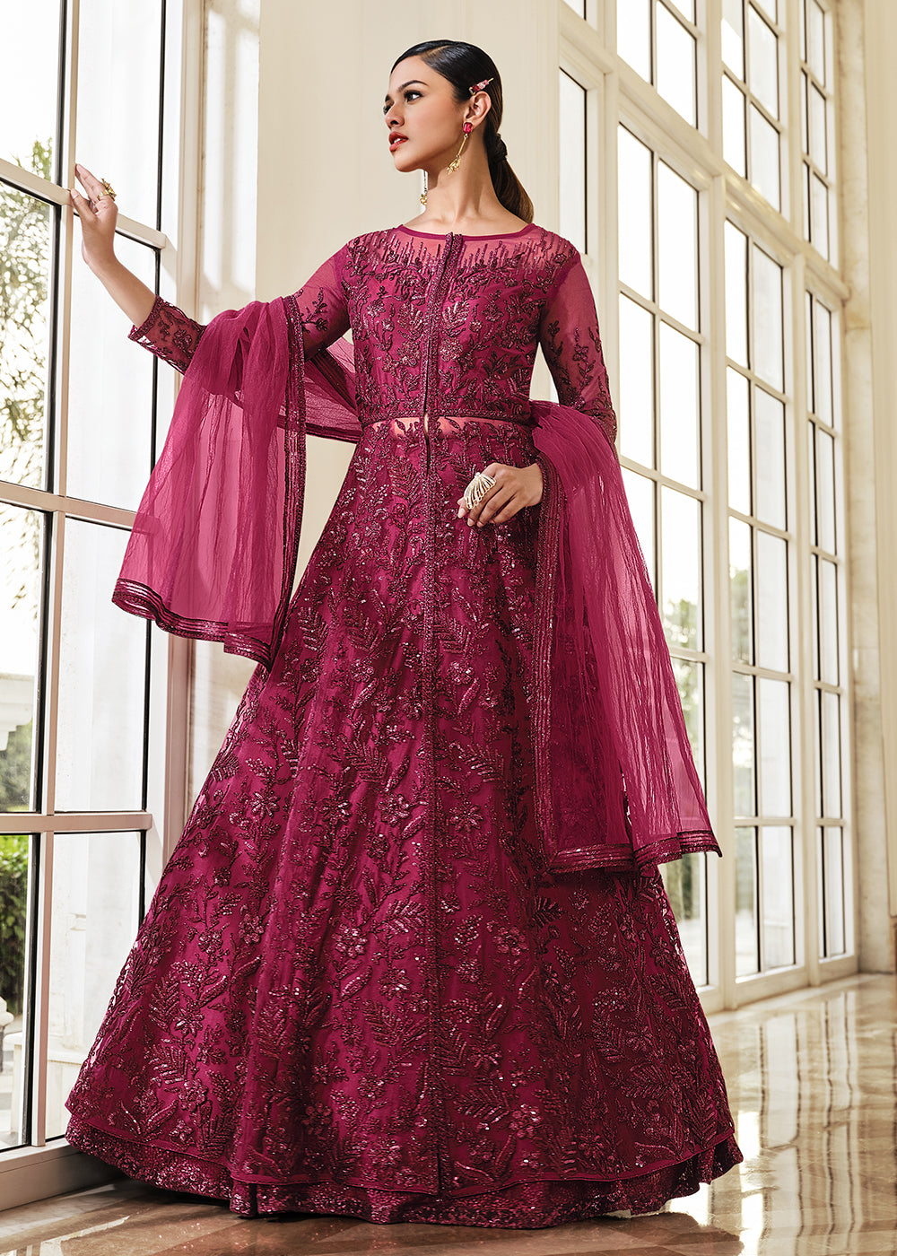 Lehenga/Pant Style Pastel Green Sequins Work Anarkali Suit