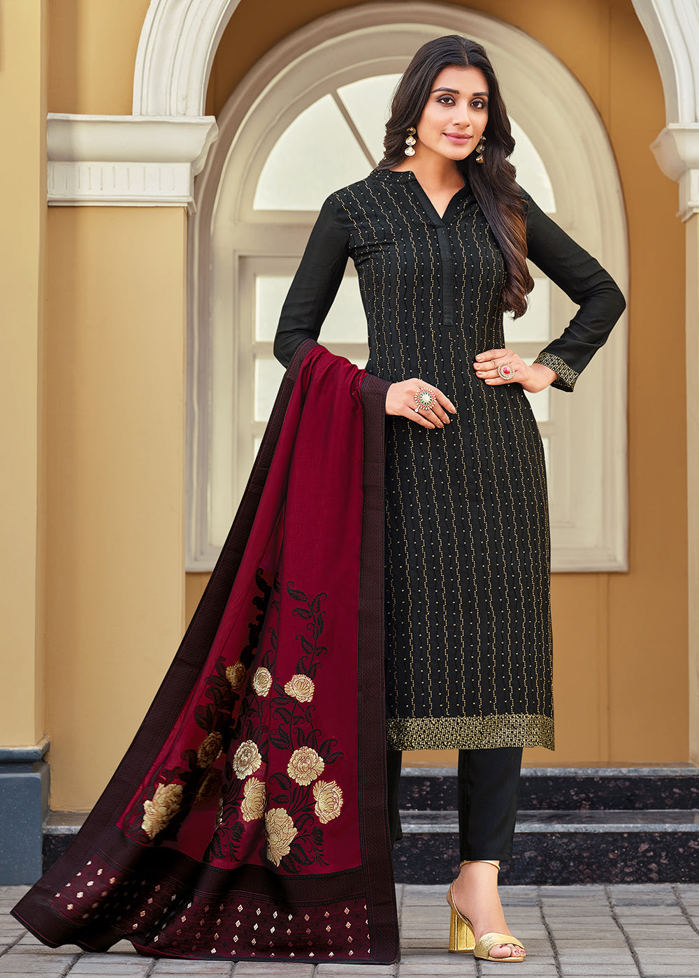 Buy Pant Salwar Suit Swarovski Embroidered Aristocratic Black