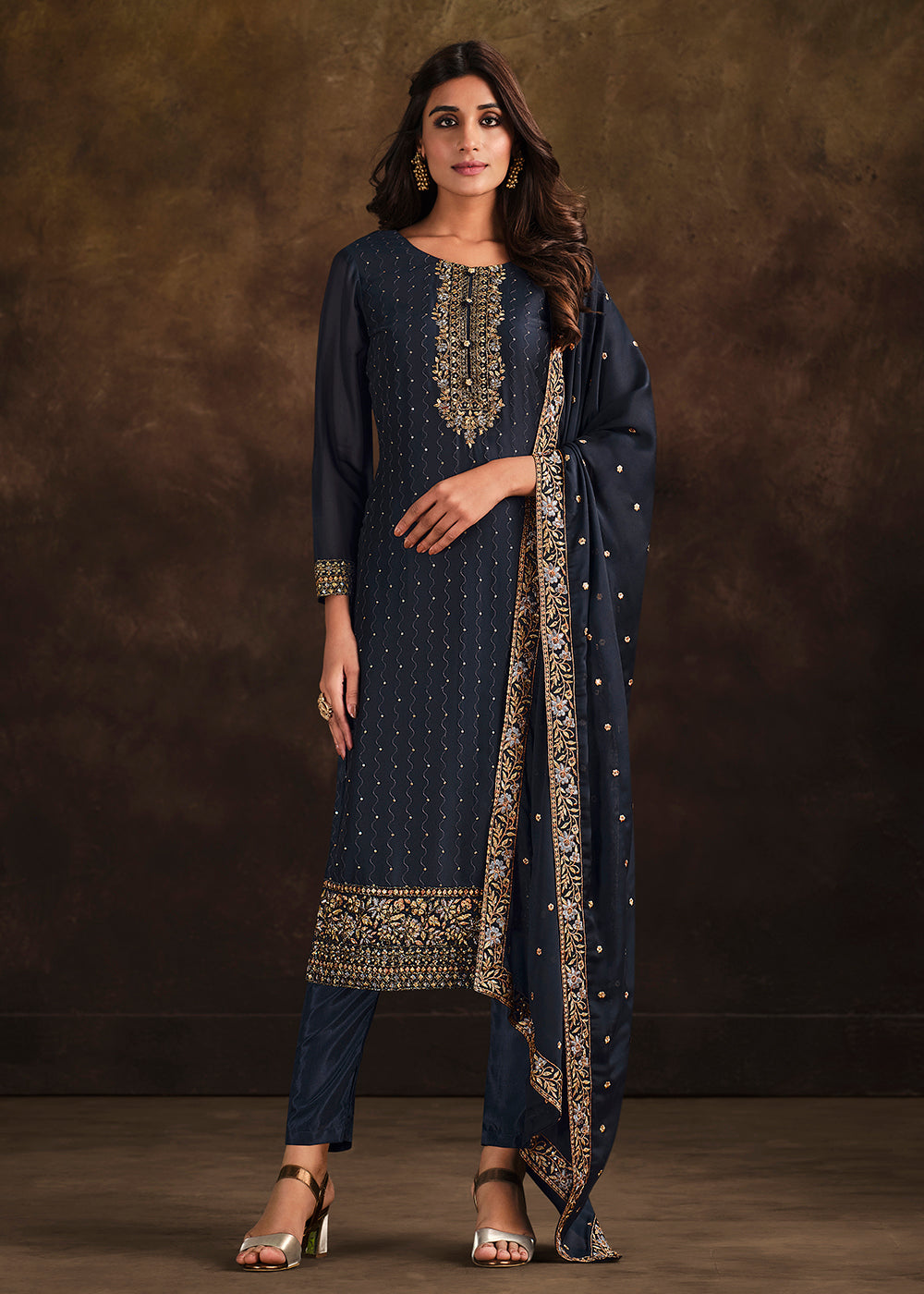 Pakistani Style Suit Fancy Georgette Charming Navy Blue Salwar