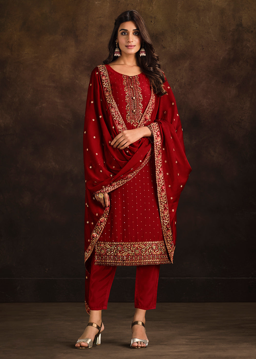 Buy Pakistani Style Suit Fancy Georgette Stunning Red Salwar
