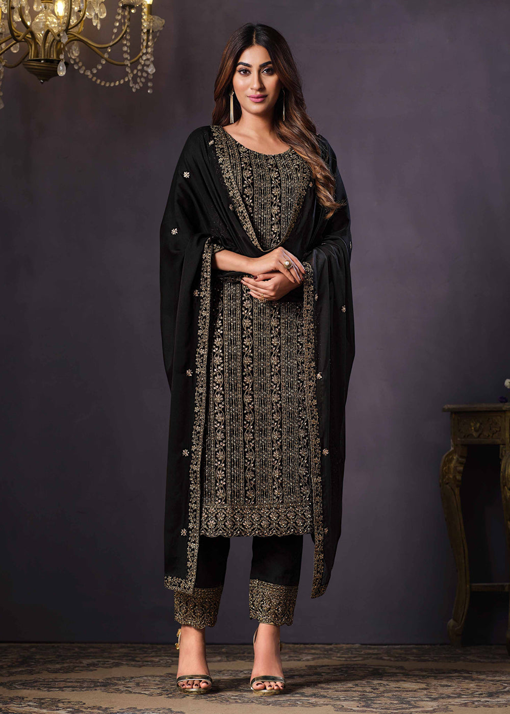 Buy Function Style Suit Two Tone Cottonic Georgette Black Salwar