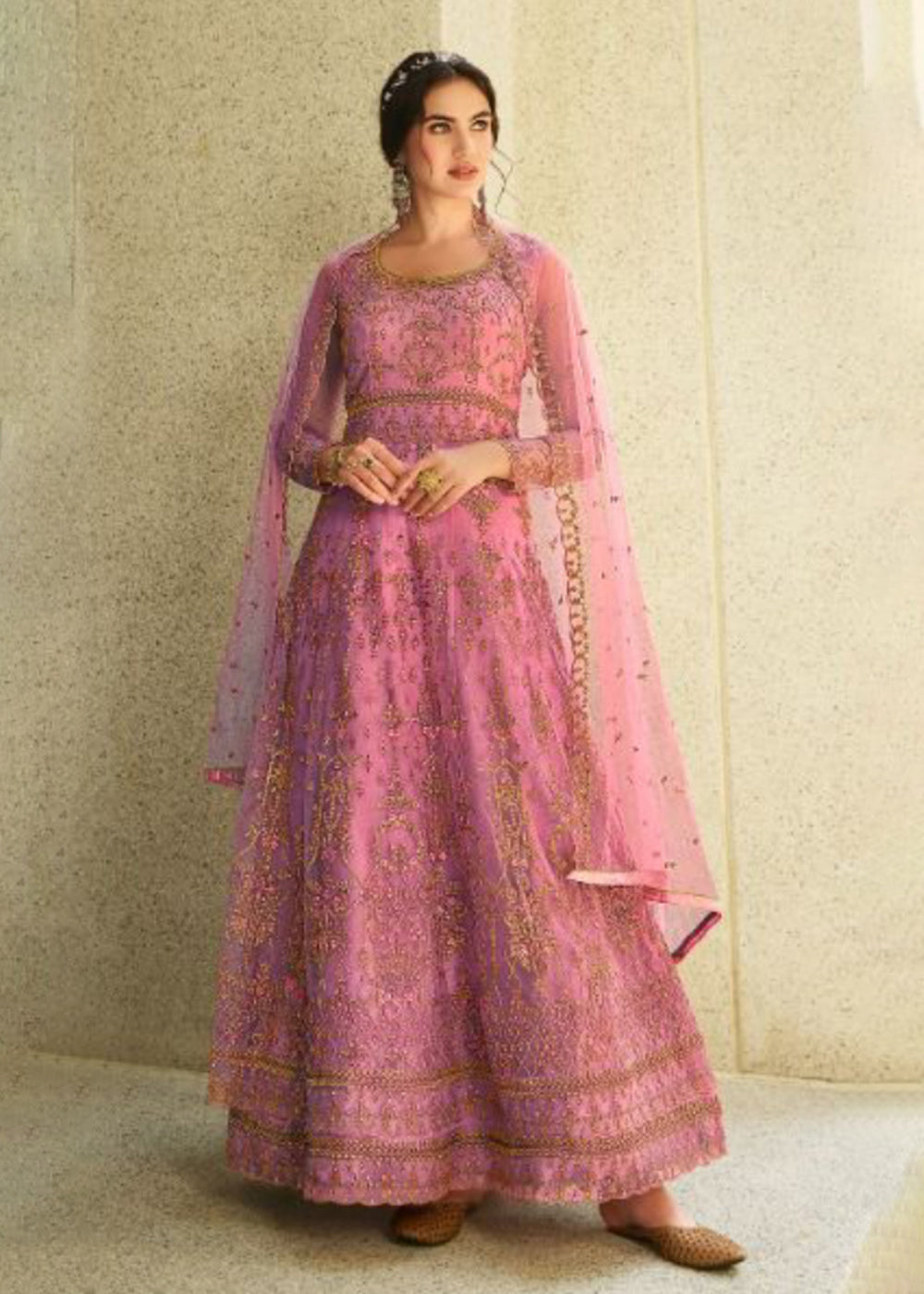 Rose Pink Traditional Embroidery Wedding Anarkali Suit main image 1