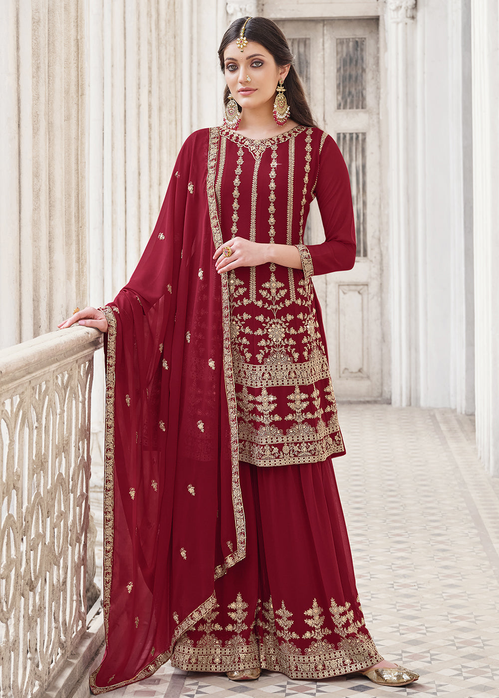 Maroon Pant style Suits Georgette