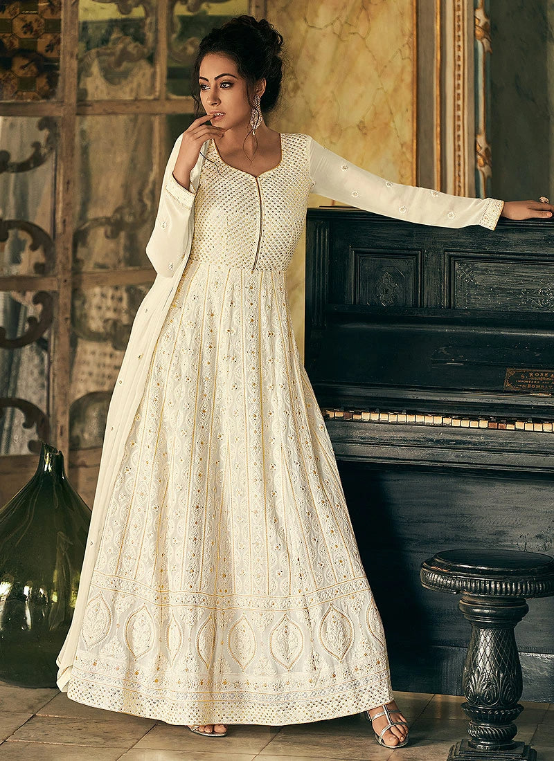 Buy Elegant White Anarkali Chikankari Embroidered Anarkali