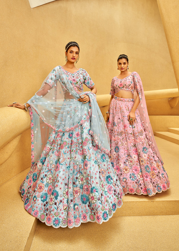 Buy Now Zarkan & Sequins Embroidered Pink Designer Lehenga Choli Online in USA, UK, Canada, UAE, France, Germany & Worldwide at Empress Clothing. 