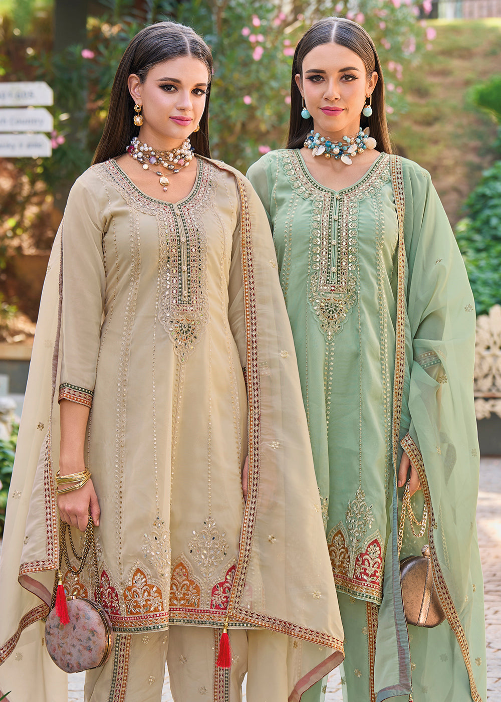 Buy Now Beige Dhoti Style Embroidered Organza Punjabi Style Suit Online in USA, UK, Canada, Germany, Australia & Worldwide at Empress Clothing. 