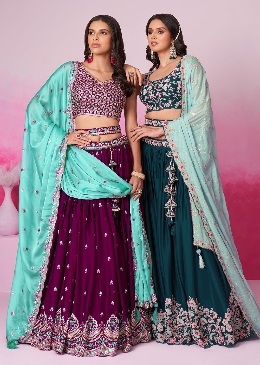 Teal Pure Georgette Sequins Embroidered Lehenga Choli