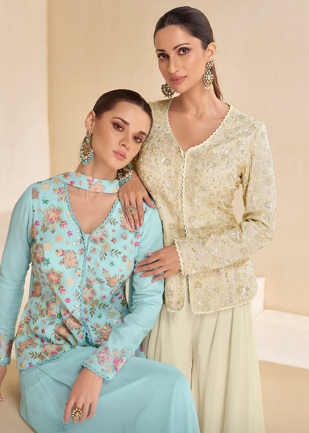 Shop Now Sky Blue Designer Embroidered Party Wear Sharara Suit Online at Empress Clothing in USA, UK, Canada, Italy & Worldwide.