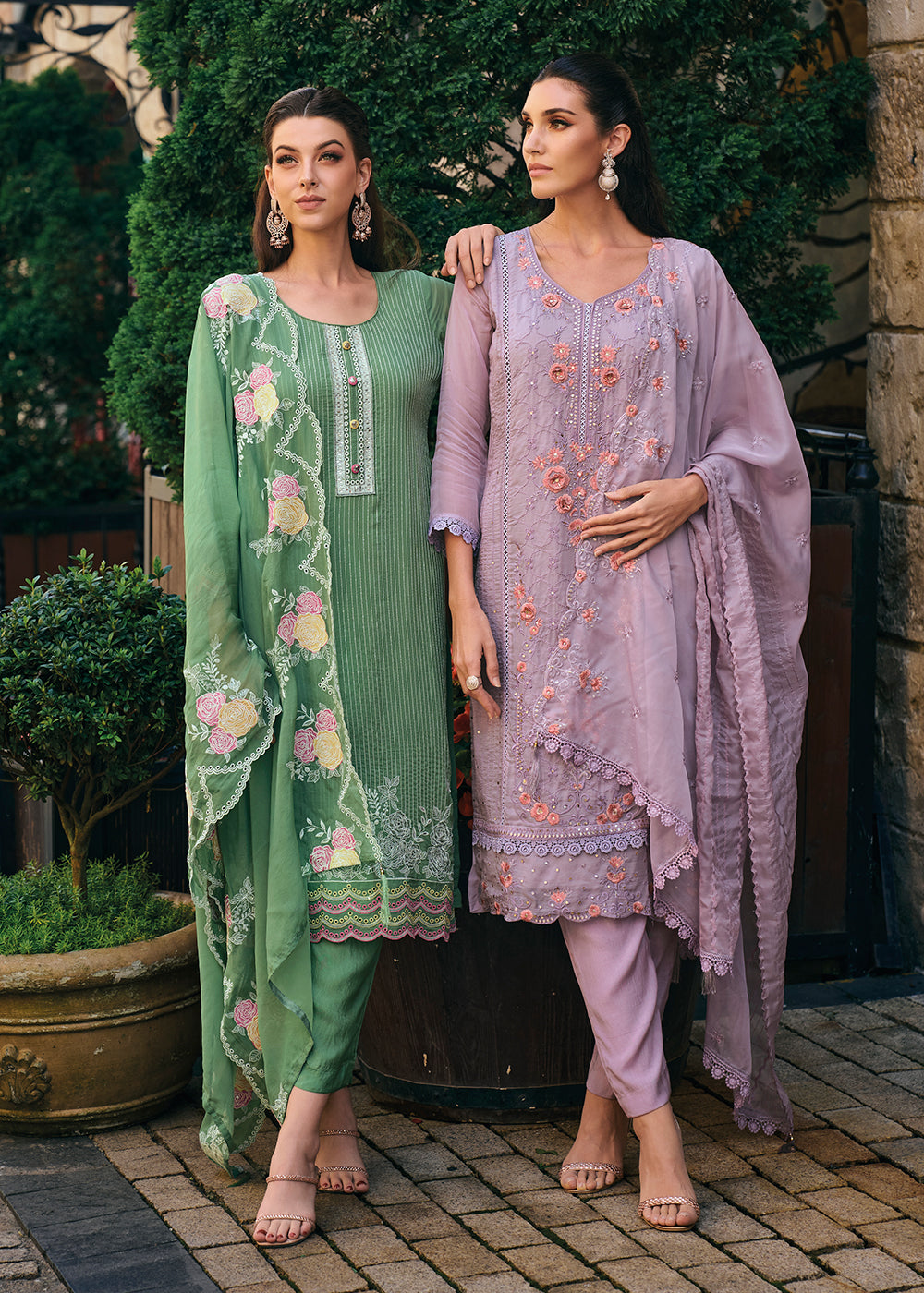 Buy Now Mauve & Green Organza Fancy Khatli Embroidered Pant Style Salwar Suit Online in USA, UK, Canada, Germany, Australia & Worldwide at Empress Clothing.