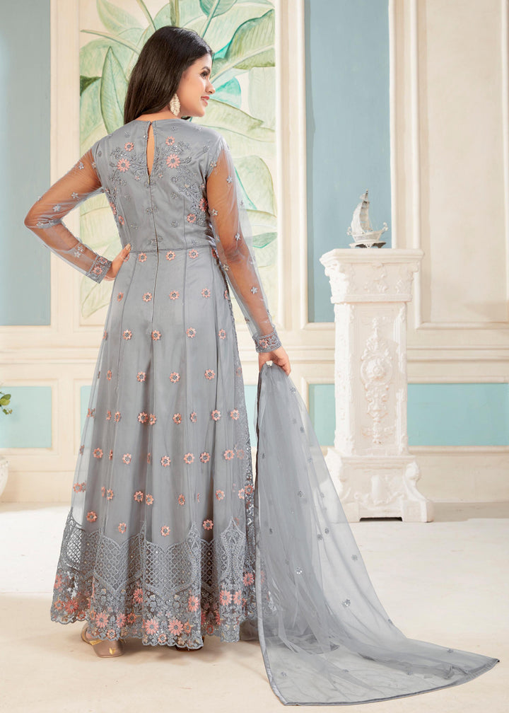 Buy Now Charming Grey Floral Embroidered Wedding Wear Anarkali Suit Online in USA, UK, Australia, New Zealand, Canada & Worldwide at Empress Clothing.