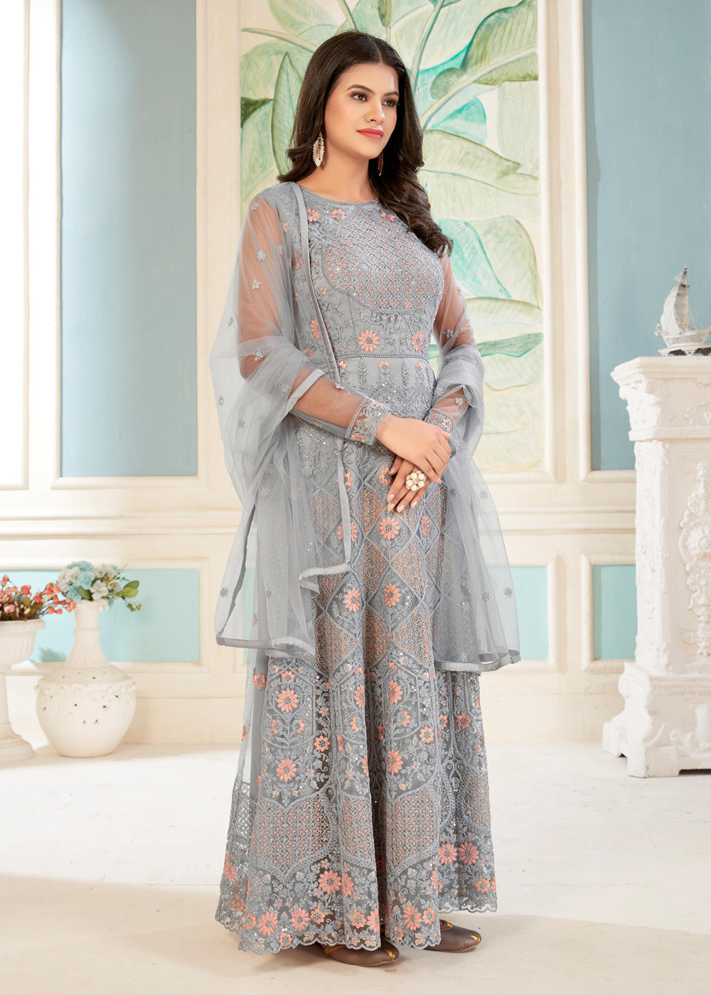 Buy Now Charming Grey Floral Embroidered Wedding Wear Anarkali Suit Online in USA, UK, Australia, New Zealand, Canada & Worldwide at Empress Clothing.