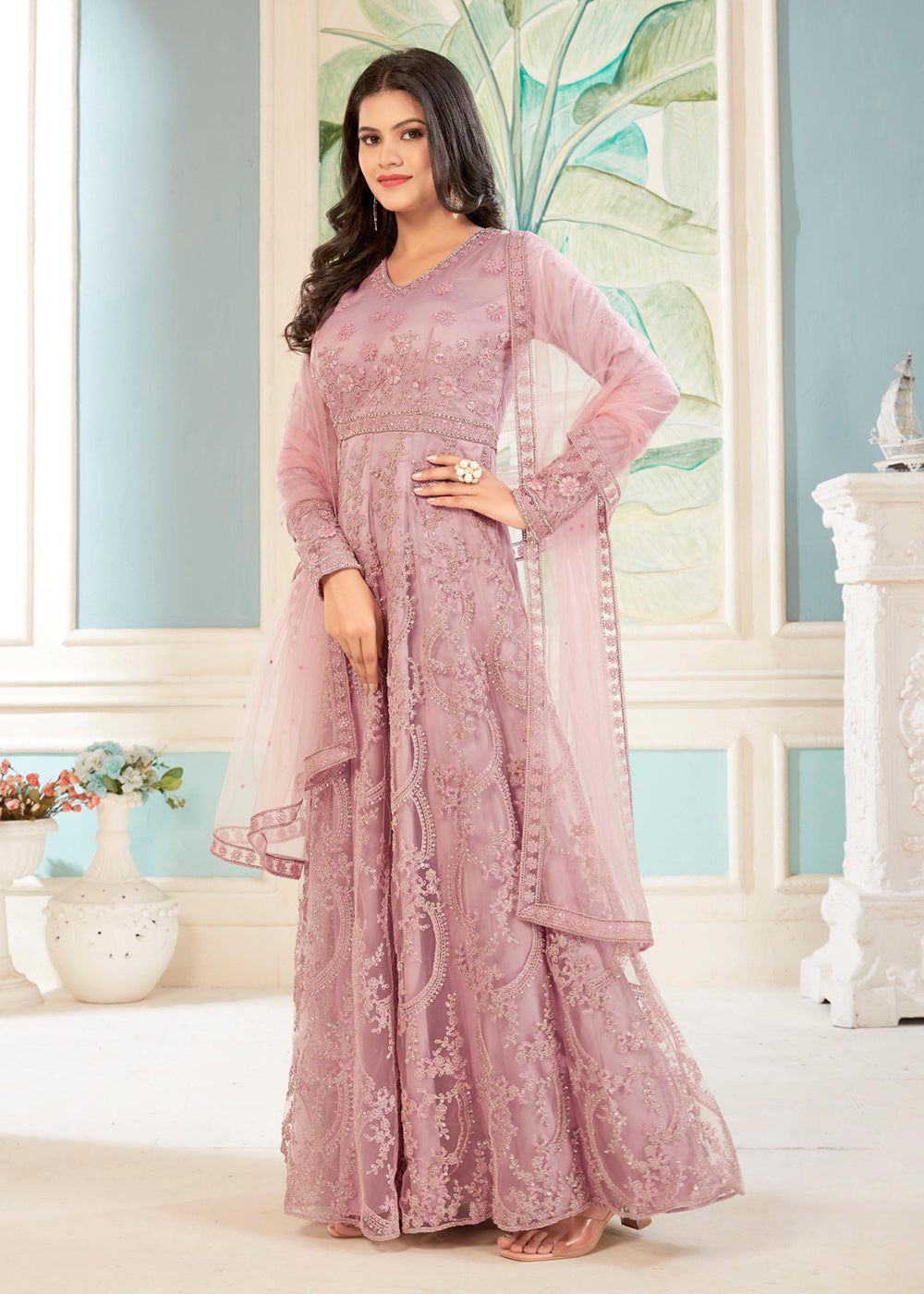 Buy Now Charming Pink Floral Embroidered Wedding Wear Anarkali Suit Online in USA, UK, Australia, New Zealand, Canada & Worldwide at Empress Clothing.
