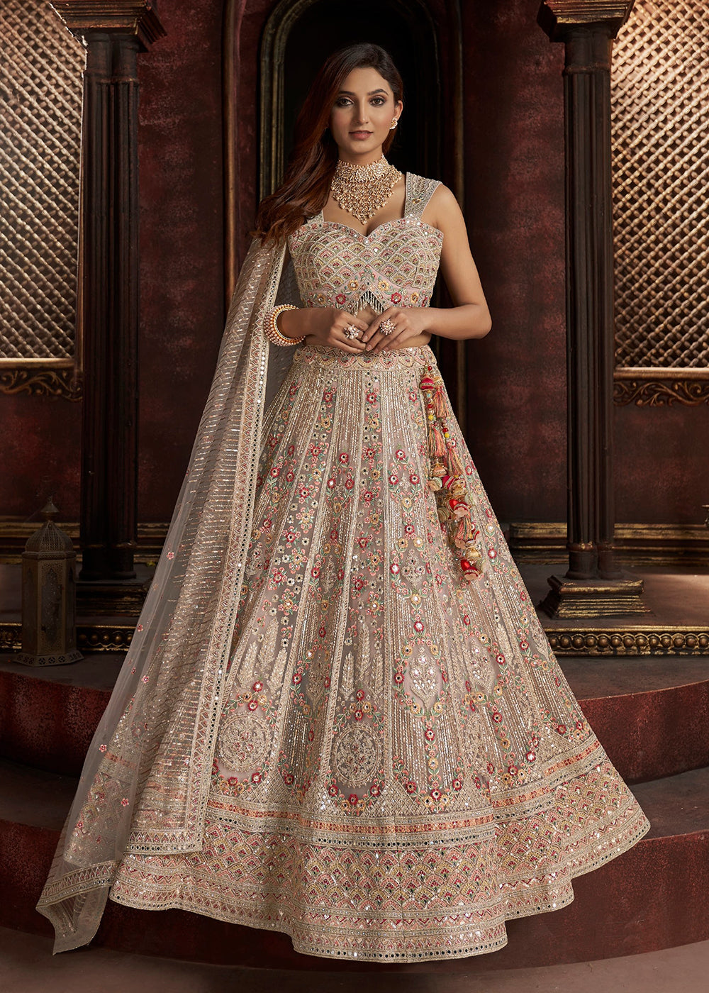 Buy Now Heavy Embroidered Multicolor Ivory Net Bridal Lehenga Choli Online in USA, UK, Canada & Worldwide at Empress Clothing. 