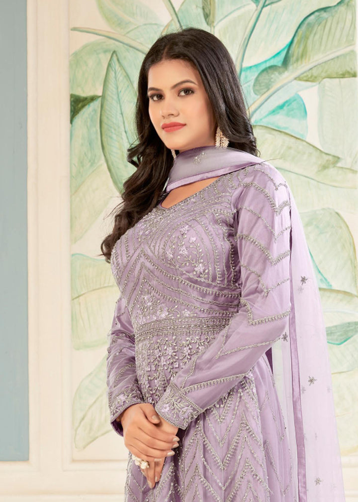 Buy Now Charming Lavender Floral Embroidered Wedding Wear Anarkali Suit Online in USA, UK, Australia, New Zealand, Canada & Worldwide at Empress Clothing.