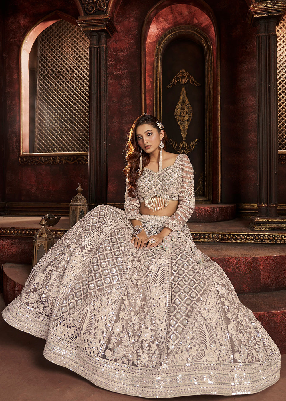 Buy Now Heavy Embroidered Grey Ivory Net Bridal Lehenga Choli Online in USA, UK, Canada & Worldwide at Empress Clothing. 