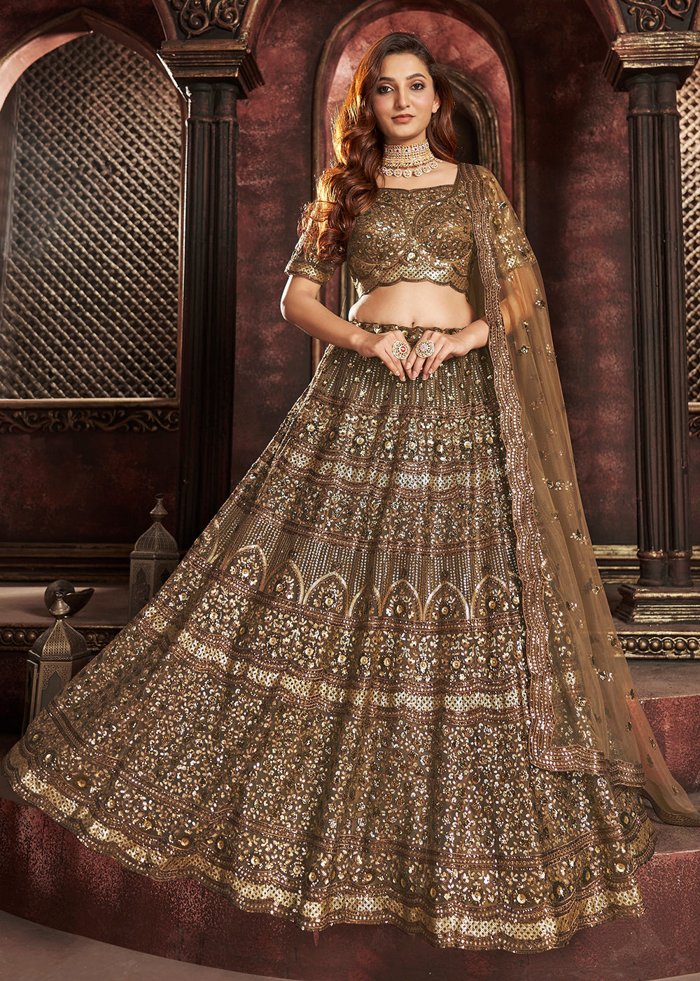 Buy Now Heavy Embroidered Chocolate Brown Net Bridal Lehenga Choli Online in USA, UK, Canada & Worldwide at Empress Clothing.