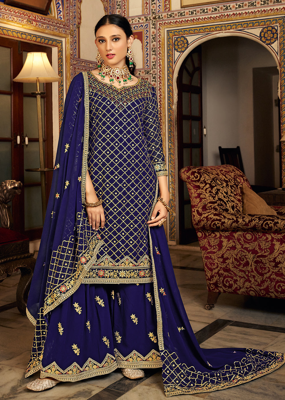 Buy Now Navy Blue Embroidered Designer Festive Palazzo Suit Online in USA, UK, Canada, Germany, Australia & Worldwide at Empress Clothing. 