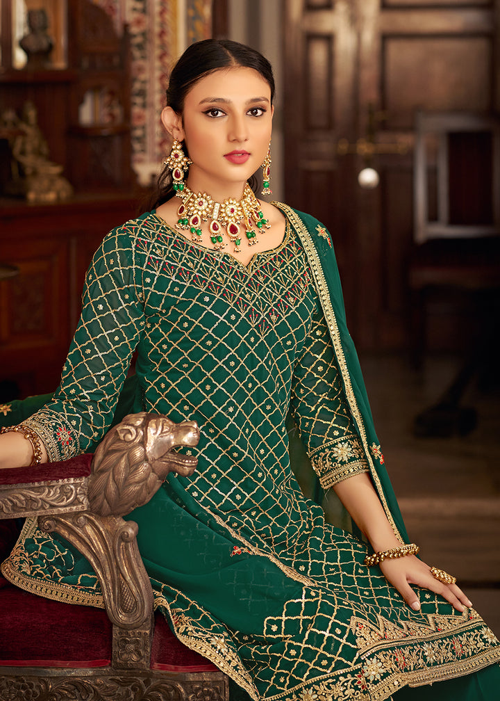 Buy Now Dark Green Embroidered Designer Festive Palazzo Suit Online in USA, UK, Canada, Germany, Australia & Worldwide at Empress Clothing.