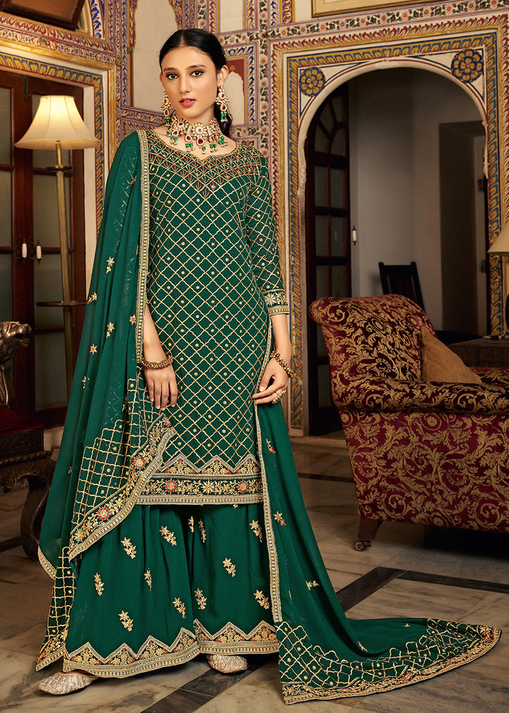 Buy Now Dark Green Embroidered Designer Festive Palazzo Suit Online in USA, UK, Canada, Germany, Australia & Worldwide at Empress Clothing.