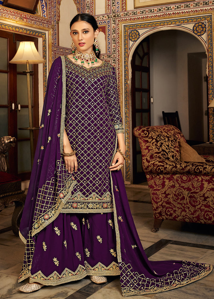 Buy Now Plum Purple Embroidered Designer Festive Palazzo Suit Online in USA, UK, Canada, Germany, Australia & Worldwide at Empress Clothing.