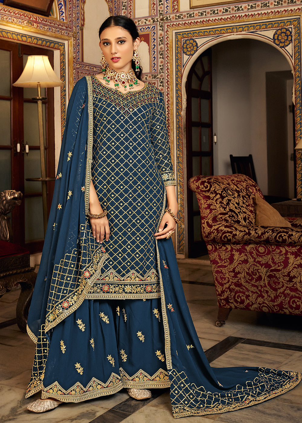 Buy Now Teal Blue Embroidered Designer Festive Palazzo Suit Online in USA, UK, Canada, Germany, Australia & Worldwide at Empress Clothing.